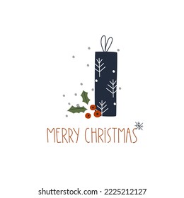 
Lettering: Merry Christmas. Square postcard with gifts, snow, snowflakes. Suitable for invitations, holiday greetings, interior decoration, clothes, merch.