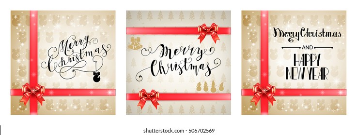 Lettering Merry Christmas. Christmas symbols and beautiful gift boxes with ribbons. Holiday calligraphy