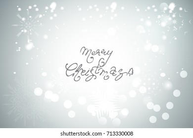 Lettering "Merry Christmas" vector written by hand. Gray bokeh background with falling snow, sparkles and snowflakes. 2018 holiday wonder  background.