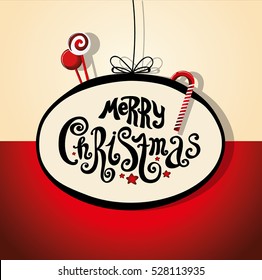 Lettering "Merry Christmas." Vintage style, twisted letters. Hand drawing. Individual font. Congratulation to the holiday Christmas. Celebratory background with a lollipop. Gold and red