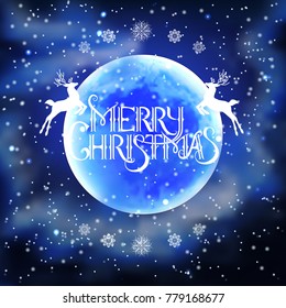 Lettering Merry Christmas with winter landscape with snowflakes, light, stars, moon.  Invitation card.