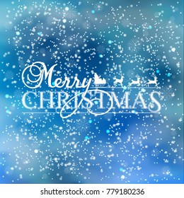 Lettering Merry Christmas with winter landscape with snowflakes, light, stars.  Invitation card.