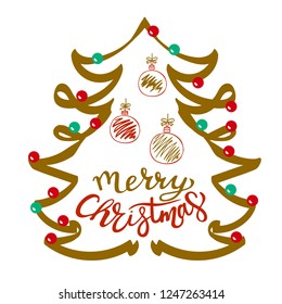 Lettering Merry Christmas.Christmas tree. Typography for winter holidays.Vector. Print for bed linens, fabric, textiles, wallpaper, greeting cards, wrapping paper, gift box  

