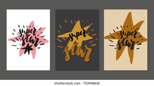 Lettering message, quote super star, hand drawn inscription with brush pen, inc. Vector set. Golden and pink star - Shutterstock ID 733948636