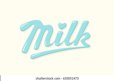 Lettering Milk, hand written design for label, brand, badge. Graphic design logo for farm dairy shop, branding and advertising. Blue logo Milk with heart on beige background. Vector Illustration