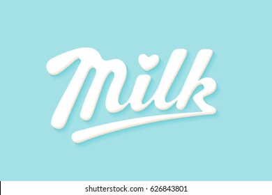 Lettering Milk, handwritten design for label, brand, badge. Design elements, logo for farm dairy shop, branding and advertising. White logo Milk with heart on blue background. Vector Illustration