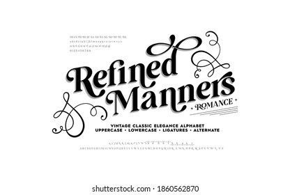 Lettering Minimal Fashion Designs. Vintage and classic alphabet, elegance typography. Uppercase, lowercase, alternate, ligatures fonts. Vector illustration of font. 