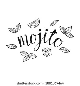 Lettering Mojito classic cocktail hand drawn vector illustration. with ice and a slice of lime and mint leaves, for cocktail cards. Homemade mojito lettering, isolated vector illustration.