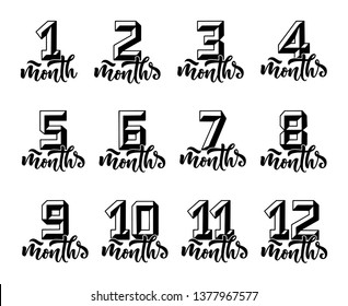Lettering - months and 3D numbers for new born template. Happy birthday baby, family concept. Vector symbol illustration