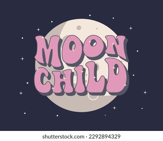 Lettering moon child on the background of the full moon. Hand drawn calligraphic groove lettering, phrase. Baby print, cartoon logo, vector	
