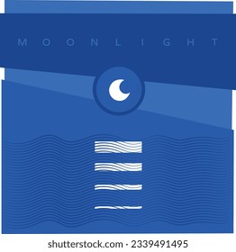 LUCES DE MONTAJE, elementos azules en el fondo. Luna con reflejos en el mar. Minimalismo