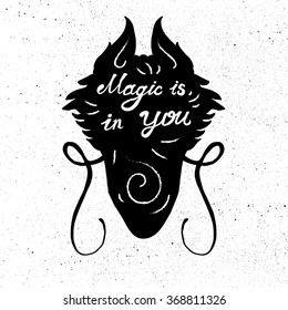 Lettering motivation poster. Quote about dream and magic in dragon head silhouette for fabric, print, decor, greeting card. Magic is in you. Vector