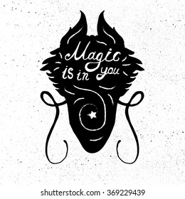 Lettering motivation poster. Quote about dream and magic in dragon head silhouette for fabric, print, decor, greeting card. Magic is in you. Vector