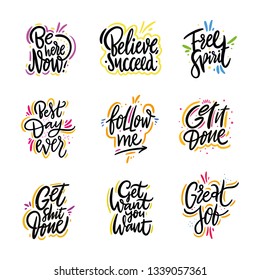 Lettering Motivation quotes vector set. Cartoon style. Hand drawn vector illustration. Isolated on white background. Design for greeting cards, logo, sticker, banner, poster, print