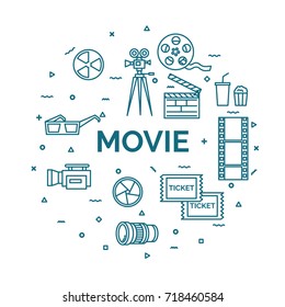 lettering of movie concept with line icons set.