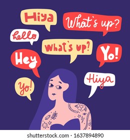 Lettering in multicolor speech bubbles set. Cartoon slang words. Message package flat hand drawn illustration. Hey, what's up, yo, hiya phrases. Girl with tattoo