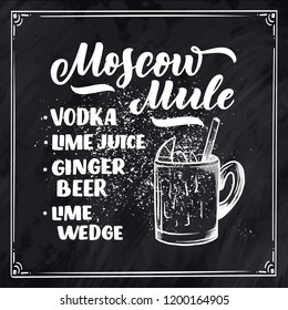 Lettering name of cocktail with glass. Template for card banner and poster for bar menu and restaurant. Vector illustration