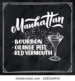 Lettering name of cocktail with glass. Template for card banner and poster for bar menu and restaurant. Vector illustration