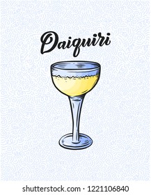 Lettering name of cocktail with glass. Template for card banner and poster for bar menu and restaurant. Vector illustration