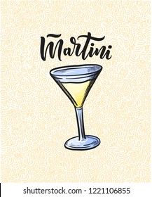 Lettering name of cocktail with glass. Template for card banner and poster for bar menu and restaurant. Vector illustration