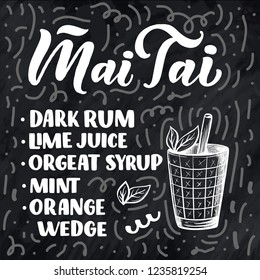 Lettering name of cocktail with glass. Template for card banner and poster for bar menu and restaurant. Vector illustration
