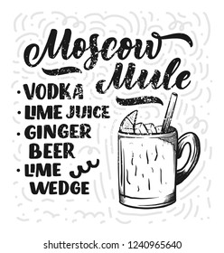 Lettering name of cocktail with glass. Template for card banner and poster for bar menu and restaurant. Vector illustration