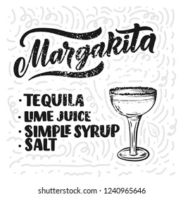 Lettering name of cocktail with glass. Template for card banner and poster for bar menu and restaurant. Vector illustration