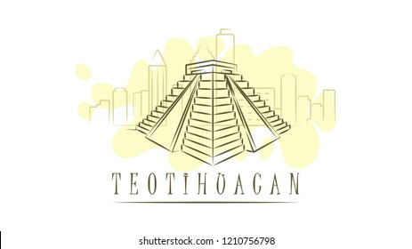 Lettering name of Teotihuacan. Flat colorful illustration. Template for travel, adventure, vacation. Concept for web banners and printed materials.