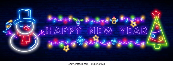 Lettering neon sign. Neon sign. Merry Christmas and Happy New Year banner, logo, emblem and label. Bright signboard, light banner.