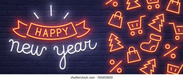 Lettering neon sign. Merry Christmas and Happy New Year banner. Web banner, logo, emblem and label, bright signboard, light banner.