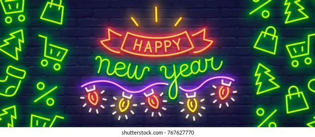 Lettering neon sign. Merry Christmas and Happy New Year banner. Web banner, logo, emblem and label, bright signboard, light banner.