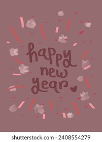 "Happy New Year" mit kleinen Mustern auf violettem Hintergrund für Geschäftsvorführungen, Branding-Paket, Stoffdruck, Tapete, Social Media Post, Doodle, Noten, Buchumschläge, Wanddekor.