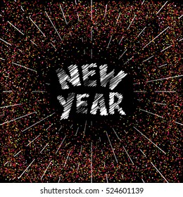 Lettering New Year from the sparkling colorful dots glitter. Doodle hand drawn letters and rays.