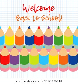 Lettering in a notebook in a cage. Seamless background with colorful pencils. Vector illustration. Can be used for wallpaper, textile, invitation card, wrapping, web page background.