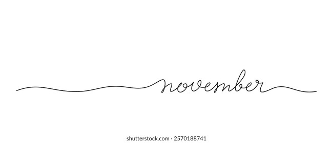 Lettering November drawn with continuous line in minimalism, abstract style, handwritten inscription, calendar, name of month, autumn, planner, word, letters, one line, editable vector contour