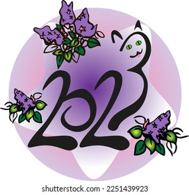 lettering numbers 2023 in hand draw style. Cat with lilac flower Lunar zodiac symbol of Year of cat. Chinese New Year 2023 Christmas logo. Vector illustration