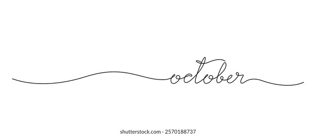 Lettering October drawn with continuous line in minimalism, abstract style, handwritten inscription, calendar, name of month, autumn, planner, word, letters, one line, editable vector contour