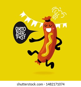 Lettering Oktoberfest- german beer festival in Munich. Vintage food poster cartoon design. Kawaii character sausage with mustard dance. Template flat vector illustration for card, print.