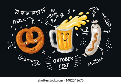 Lettering Oktoberfest- german beer festival in Munich. Poster cartoon design with weisswurst.  Kawaii characters beer, pretzel, sausage dance. Fanny Template flat vector illustration for menu, print