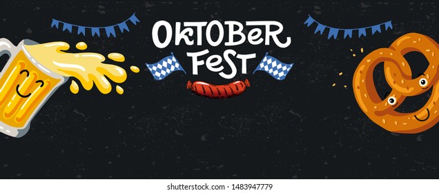 Lettering Oktoberfest- german beer festival in Munich. Web banner cartoon concept horizontal design. Kawaii characters Friends beer, pretzel, sausage. Template flat vector illustration. 