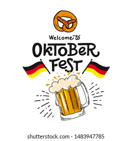 Lettering Oktoberfest- german beer festival in Munich. Poster concept design with mug of beer, pretzel. Template flat vector illustration for flyer.