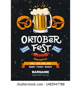 Lettering Oktoberfest- german beer festival in Munich. Poster concept design with mug of beer, pretzel, sausage. Template flat vector illustration for flyer. Cracks can be removed