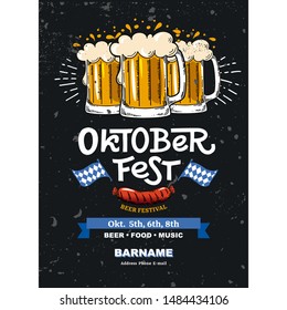 Lettering Oktoberfest. German beer festival in Munich. Concept design for poster with mug of beer, pretzel, sausage. Template in style flat vector illustration for flyer. Сracks can be removed