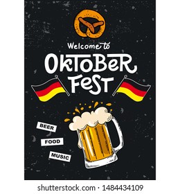 Lettering Oktoberfest. German beer festival in Munich. Concept design for poster with mug of beer, pretzel. Template in style flat vector illustration for flyer. Сracks can be removed