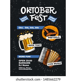 Lettering Oktoberfest- german beer festival in Munich. Poster concept design with mug of beer, pretzel, sausage, accordion. Template flat vector illustration for flyer.