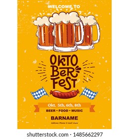 Lettering Oktoberfest- german beer festival in Munich. Poster concept design with mug of beer, pretzel, sausage. Template flat vector illustration for flyer.