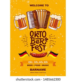 Lettering Oktoberfest- german beer festival in Munich. Poster concept design with mug of beer, accordion, sausage. Template flat vector illustration for flyer.