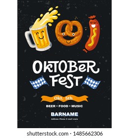 Lettering Oktoberfest- german beer festival in Bavarian. Poster cartoon concept design. Kawaii characters Friends beer, pretzel, sausage. Template flat vector illustration for flyer.