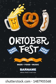 Lettering Oktoberfest- german beer festival in Munich. Poster cartoon concept design. Kawaii characters Friends beer, pretzel, sausage. Template flat vector illustration for flyer.