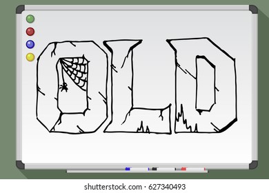 Lettering OLD with spider web. Whiteboard hand drawn vector illustration